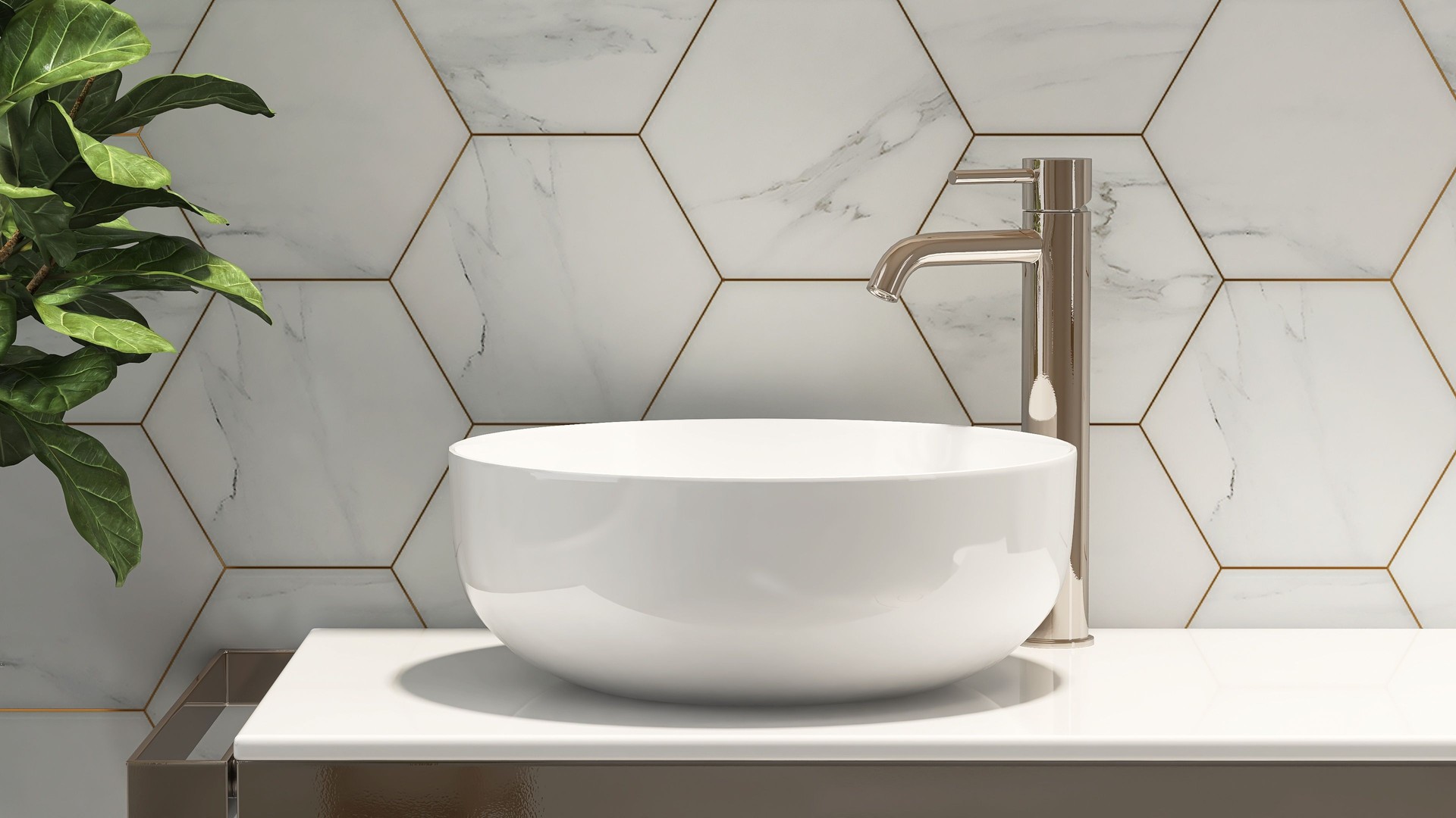 Gold steel vanity counter, white stone countertop, modern washbasin bowl, chrome faucet in pastel blue hexagon tile bathroom