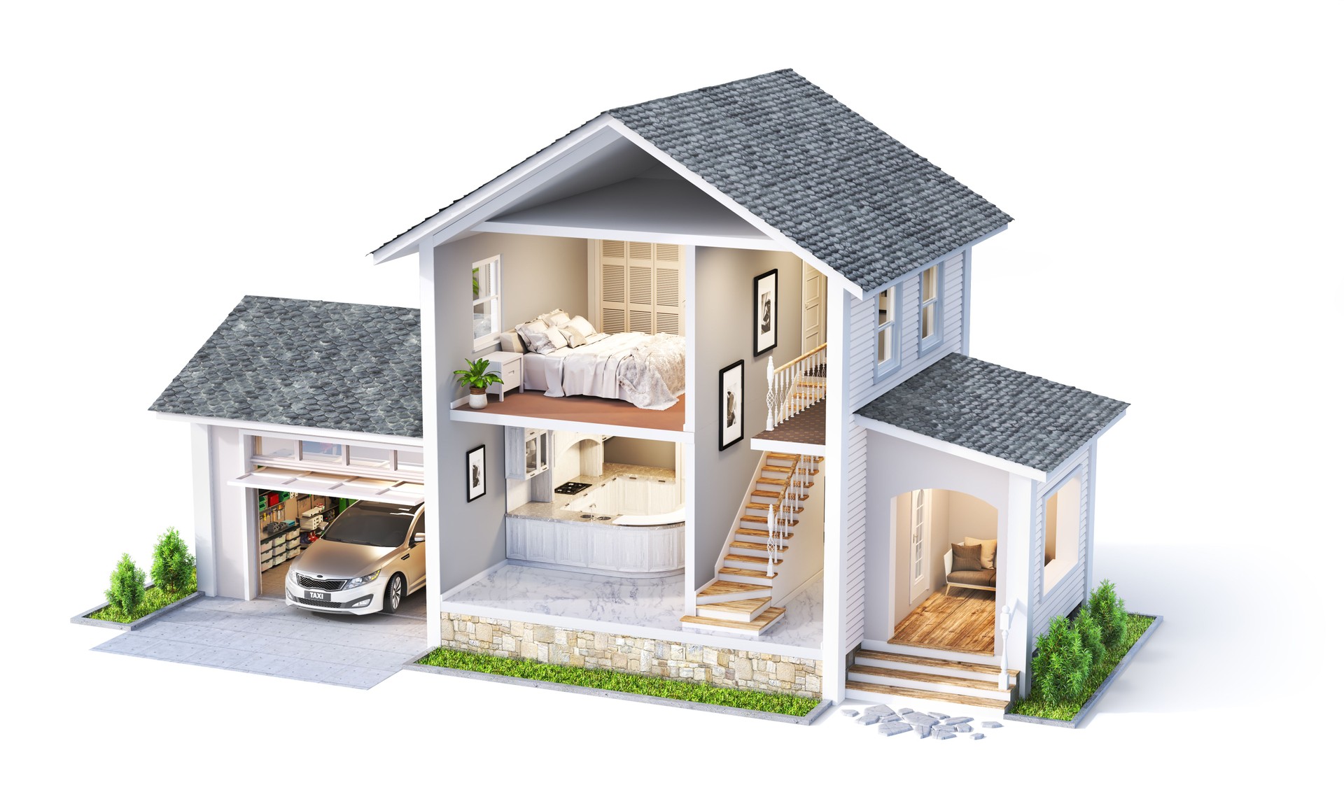 House concept. Sliced house with interior. 3d illustration