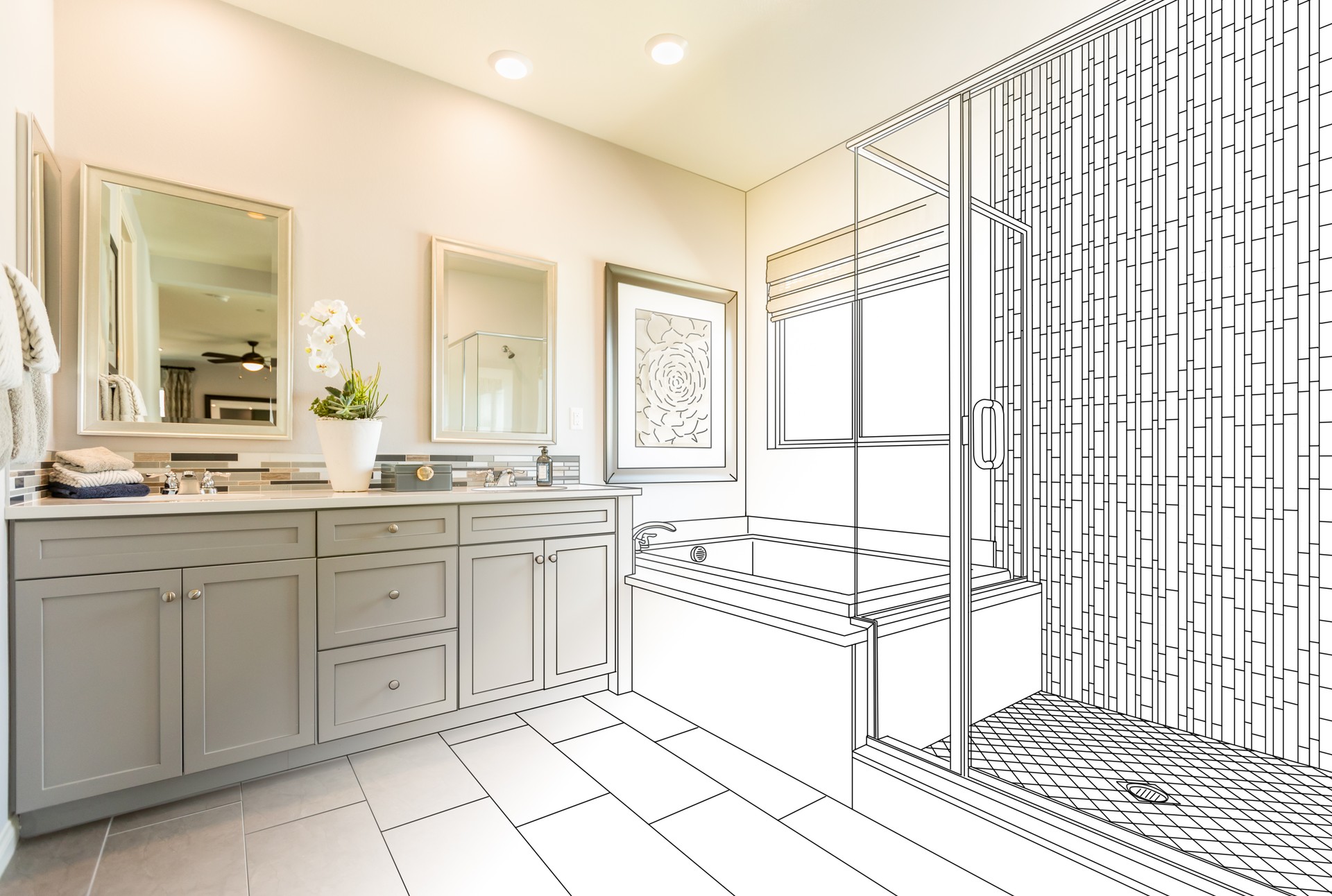 Custom Master Bathroom 3D Design Drawing Gradating to Finished Photo